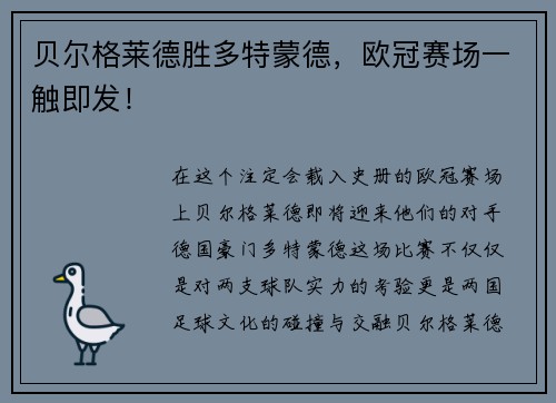 贝尔格莱德胜多特蒙德，欧冠赛场一触即发！
